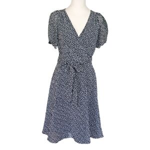 DKNY Navy Blue&White Abstract Pattern Faux Wrap Dress